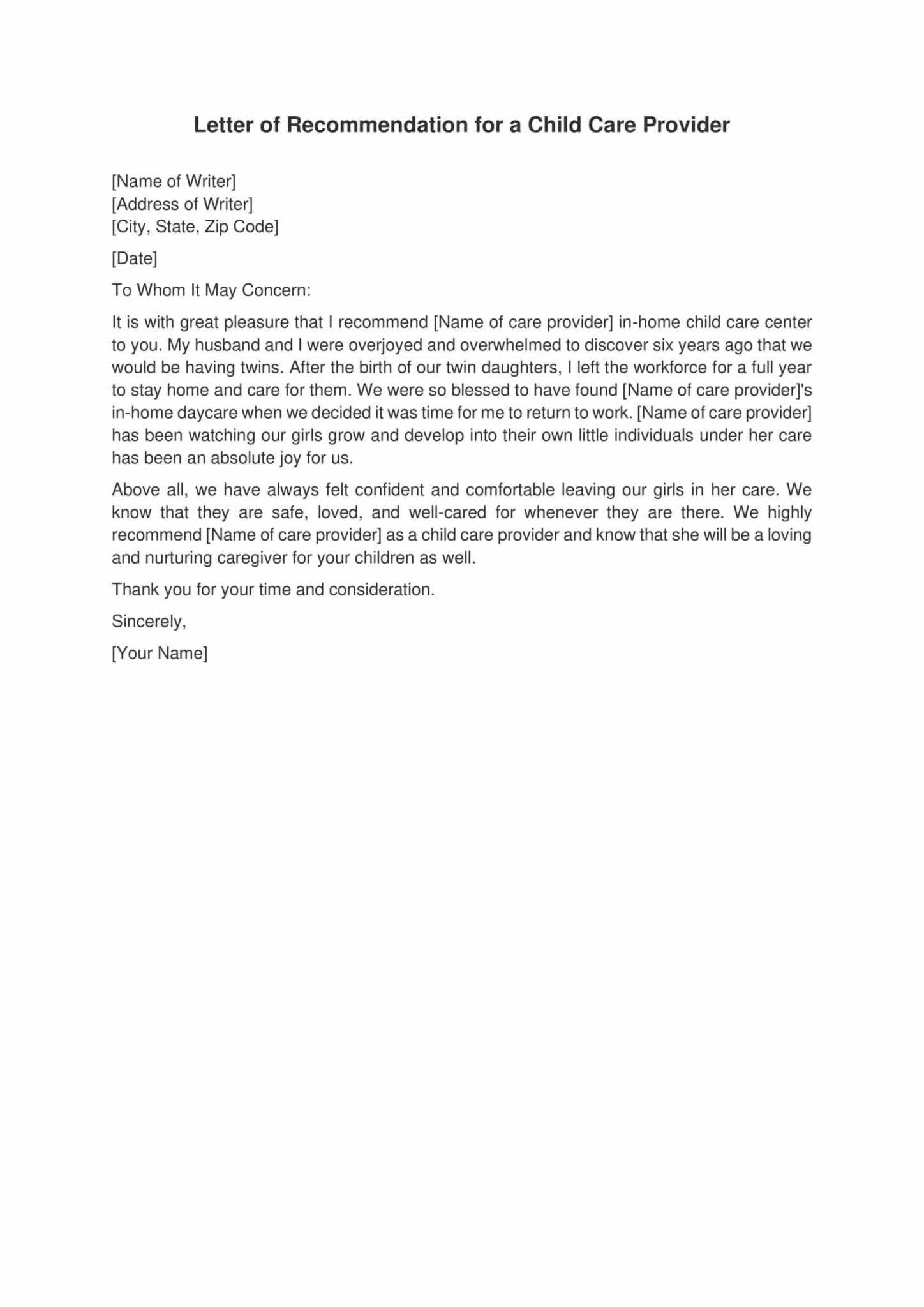 Letter of Recommendation for a Child Care Provider - Draft Destiny