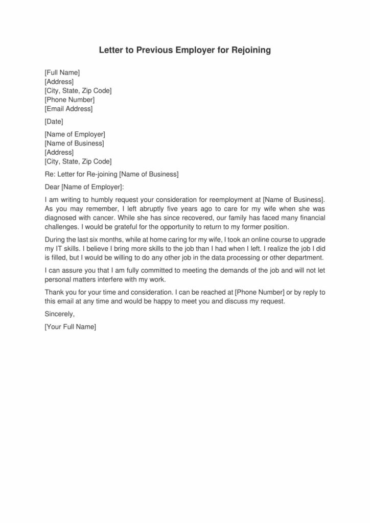 Letter to Previous Employer for Rejoining