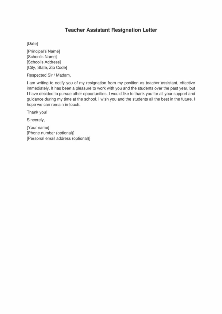 Teacher Assistant Resignation Letter